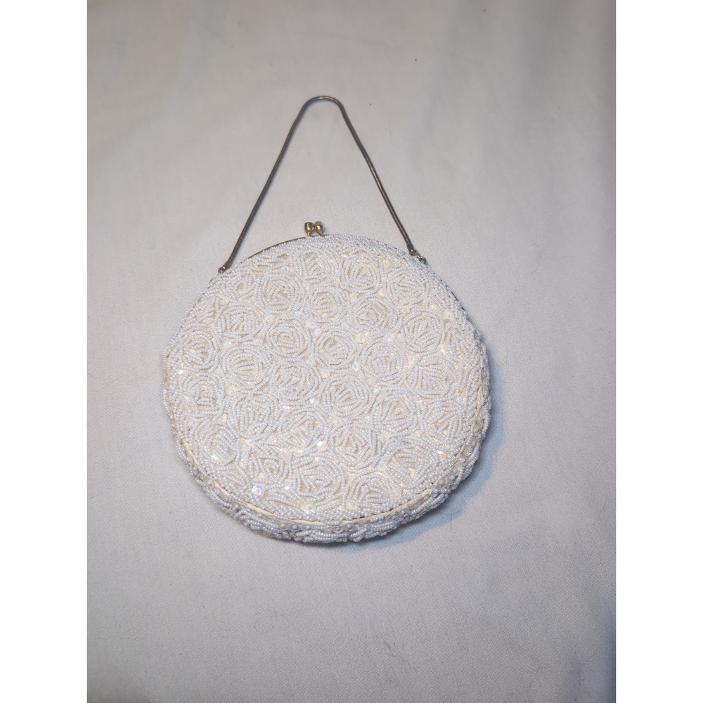 Vintage White Hand-Beaded Clutch Evening Bag W/ Clasp Handmade in Hong Kong 7" - Picture 1 of 11